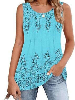 Zeagoo Women's Summer Tank Tops 2026 Pleated Crew Neck Floral Solid Fit